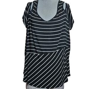 Black and White Striped Open Shoulder Tee Size XL